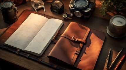 Brown Leather Notebook on Wooden Table