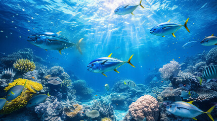Fototapeta na wymiar Underwater wild world with tuna fishes.