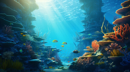 Fototapeta na wymiar Underwater scene with coral reef and exotic