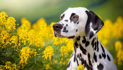 Portrait of dalmatian dog with black spots. Purebred dalmatian pet outdoors, yellow flowers garden