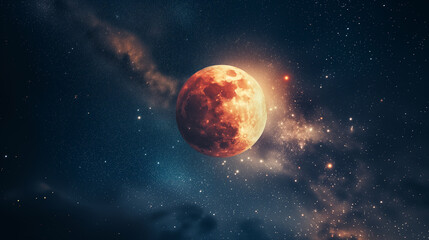 Earth's shadow casting a red glow on the moon, with stars twinkling in the background