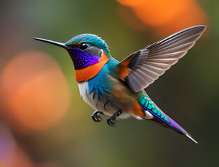 fliegender Baby Kolibri mit lila Hals und oranger Brust - obrazy, fototapety, plakaty