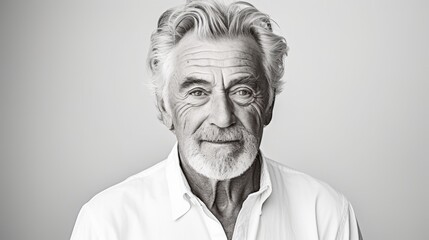 Black and white Close-up portrait of a handsome gray-bearded elderly man of 70 years on a white background. An old model with well-groomed skin, hairstyle looks at the camera.