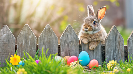Bunny in Garden With Decorated Eggs, Easter background - 736068399