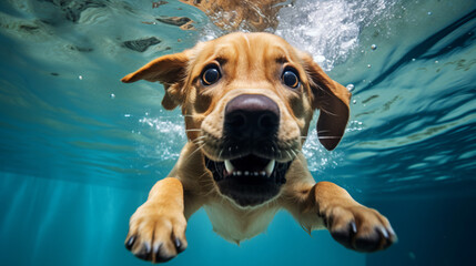 Underwater funny photo of golden Labrador retriev