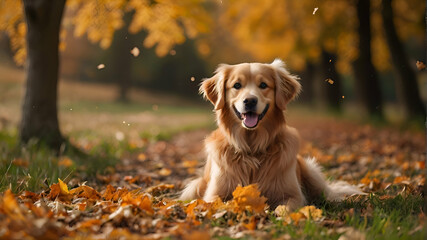 Happy golden retriever dog on Autumn nature background, wide web banner. Autumn activities for dogs. Fall Care Advice For Dogs. Preparing dog for walks in autumn and fireworks - obrazy, fototapety, plakaty