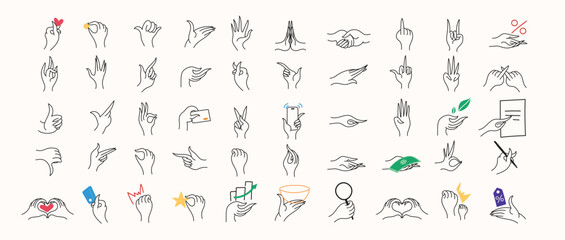 Set of 50 icons include hand gestures . Full Vector Outline Style Icons. Vector Stock illustration functional, for all kind of bussiness editable vectors, interaction and more