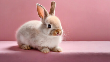 Obraz premium Cute rabbit on pink background, closed up of Easter bunny, lovely little pet, spring or summer day