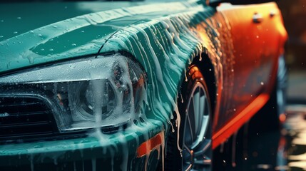 Manual car wash with pressurized water in car wash outside. Neural network AI generated art