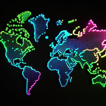 The image is a neon map of the world against a black background. The map is outlined in green, with each country represented by a different color. The countries are connected by green lines, and there