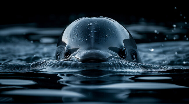Monochrome close-up of a vaquita porpoise ( Phocoena sinus ) or cochito head emerging from water, ai generated