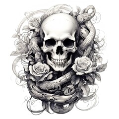 Tattoo design of human skull in roses, black and white illustration of holy death. AI generation