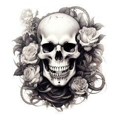 Tattoo design of human skull in roses, black and white illustration of holy death. AI generation