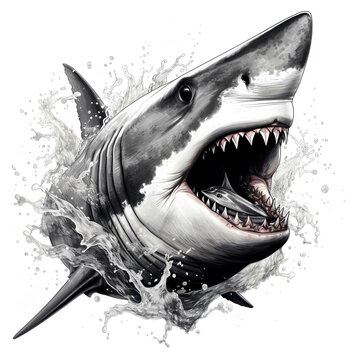 Graphical black and white shark on white background, tattoo design illustration generated with AI