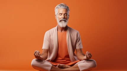 A meditating senior man on an orange background with a copy space. Health, Sports, Yoga, Zen endings.