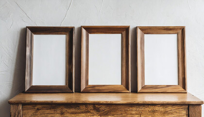 Fototapeta premium Three vertical modern black frame mock up in a white room, 3d illustration of a white wall render.