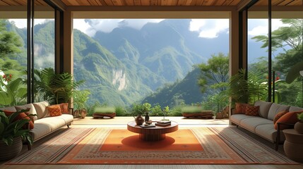 A cozy living room with a large window offering a picturesque view of the majestic mountain range....