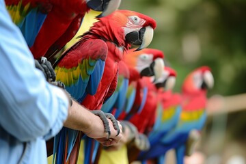 multiple parrots perched on a zookeepers arm during a demonstration - obrazy, fototapety, plakaty