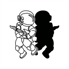 line art and stamp silhouette illustration of two spacemen playing guitar for icon or logo