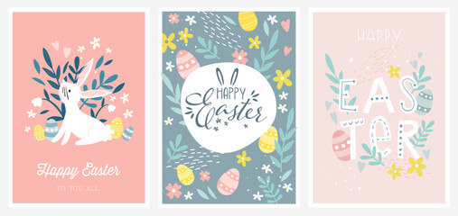 Fototapeta na wymiar Happy Easter vector design templates. Cute hand-drawn matching design with bunnies, eggs, fun fonts and flowers.