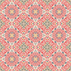 Islamic seamless pattern. Repeating arabesque background. Morocco red motif for design prints. Repeat arabian texture. Arab ornate girih background for textile, scarfs, ceramic tile.
