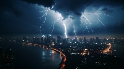 Naklejka na ściany i meble Lightning Storm Over a City at Night