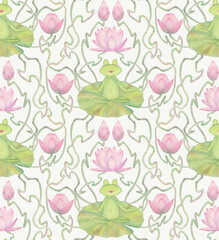 Frogs meditation of in art nouveau style lake seamless pattern - 736074381