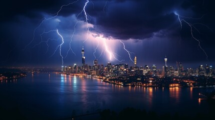 Naklejka na ściany i meble Lightning Storm Over a City at Night