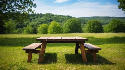 Two wooden picnic tables on a green meadow.