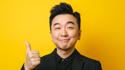 
Retrato de estúdio de um homem chinês confiante posando sobre um fundo amarelo colorido brilhante, piscando e segurando o polegar para cima, - obrazy, fototapety, plakaty