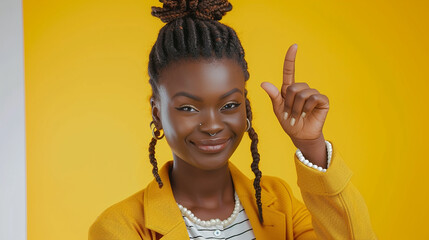 
Retrato de estúdio de uma jovem mulher confiante posando sobre um fundo amarelo colorido brilhante, piscando e segurando o polegar para cima, - obrazy, fototapety, plakaty