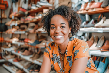 Fototapeta premium Confident young shoes shop owner at her boutique standing proudly. Female business owner at her store. 