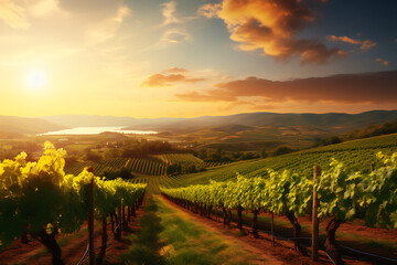 Naklejka premium Sunset over vineyard in Tuscany, Italy. Filtered image processed vintage effect.