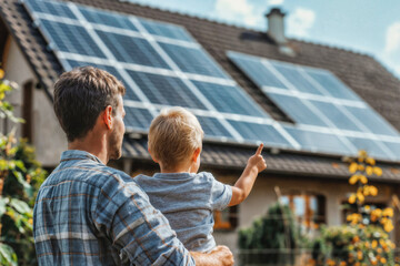 Father and son in garden. Man and Child pointing towards their family home with solar panels. Symbolizing alternative energy