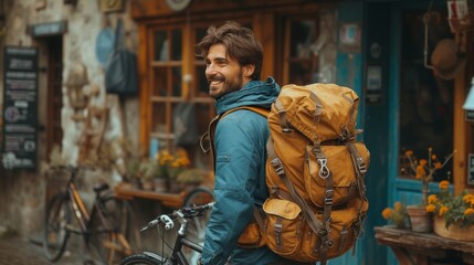 Typical young adult male with brown hair and mustache walking by the building with rucksack on his back and bicycle happy smile joyful version of real people in space, side view, full length - Powered by Adobe