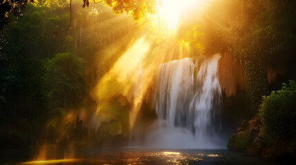 Enchanting Sunburst by Waterfall: Radiant Nature Scene with Glorious Sunlight Filtered Through Trees
