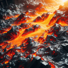 Burning lava in the crater of the volcano. 3d rendering