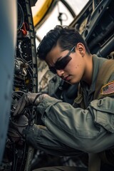 Fototapeta na wymiar A Middle Eastern American Air Force technician, maintaining an aircraft, showcasing skill and diversity in specialized roles.