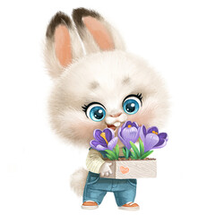 Cute little fluffy white rabbit with flowerpot with crocuses in paws isolated on a white background