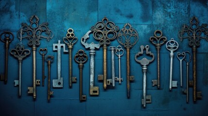 Background with antique old keys in Azure color