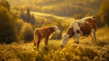 Sunlit Serenity: Simmental Calf and Cow Grazing in Verdant Pastures - obrazy, fototapety, plakaty