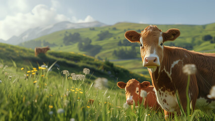 Sunlit Serenity: Simmental Calf and Cow Grazing in Verdant Pastures