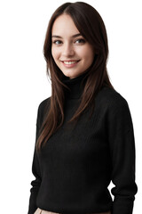 Fototapeta premium Beautiful woman wearing a black turtleneck sweater smiling and looking at the camera, isolated, transparent background, no background. PNG.