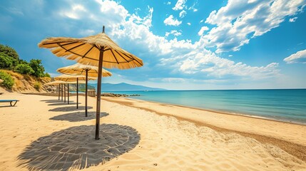 On a stunning, sunny beach, straw parasols - obrazy, fototapety, plakaty