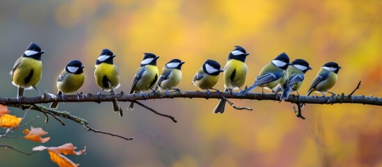 Fototapeta premium A diverse group of colorful birds perched gracefully on a lush tree branch in the forest