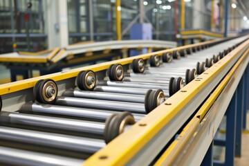 conveyor belt with roller bearings in a manufacturing plant - obrazy, fototapety, plakaty