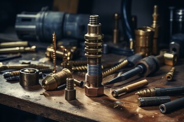 A Close-Up View of a Shiny Brass Screw Resting on a Weathered Wooden Workbench, Surrounded by Various Industrial Tools and Components in a Rustic Workshop