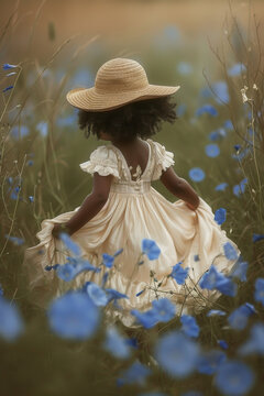 Dark brown skinned toddler spinning on hill wearing flowing cream dress covered in blue morning glories, clutching tall crown sun hat to her head with one hand.
