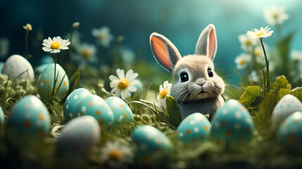 Cuddly funny bunny with easter eggs on a green meadow with sunlight, Generative AI