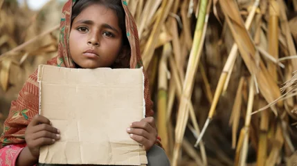 Stoff pro Meter Heringsdorf, Deutschland Indian Girl with a cardboard sign in her hands on the background of a field. The concept of child labor and the need to provide children with protection and support for their full development